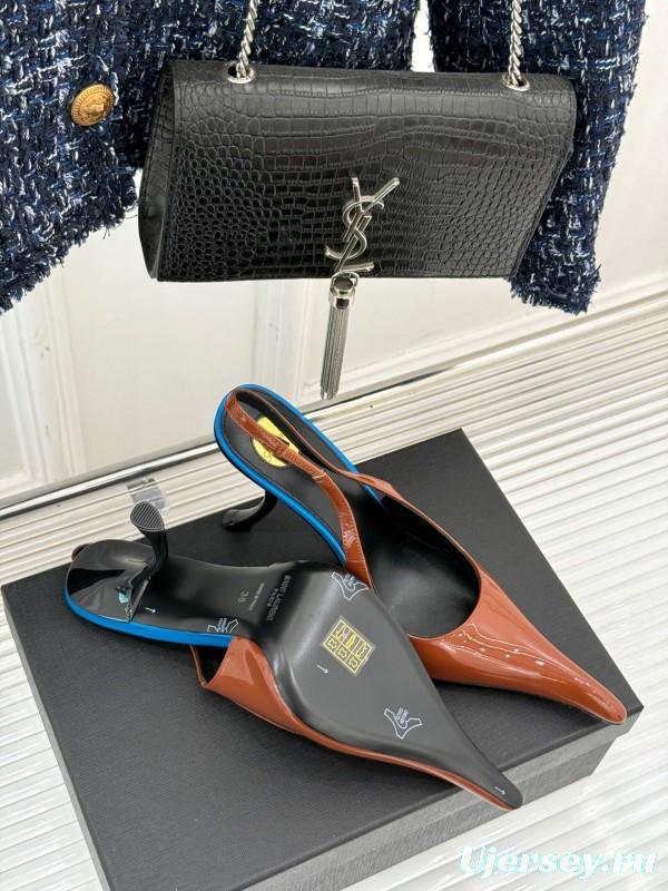 2025 Women Yves Saint Laurent Brown Patent Leather Slingback Heels KFY00290