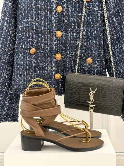 2025 Women Yves Saint Laurent Brown Leather Sandals KFY00300