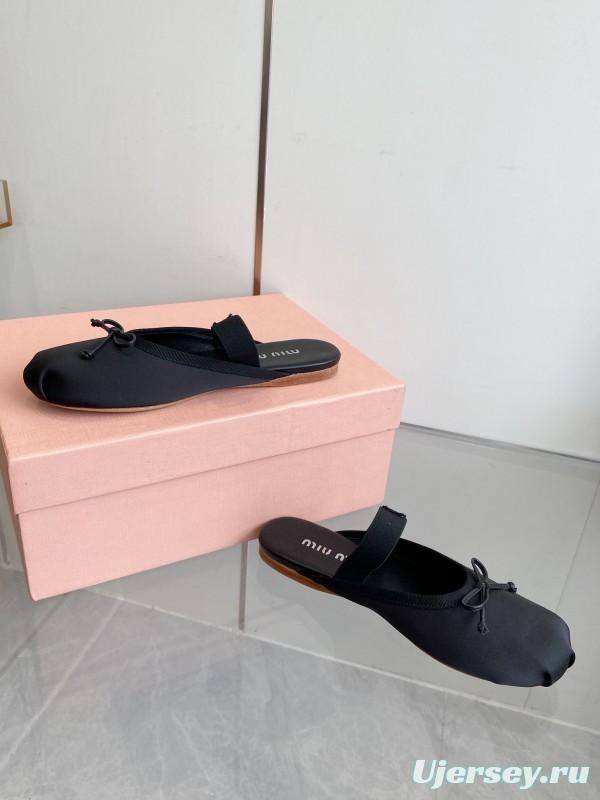 2025 Women Miu Miu Black Nylon Ballet Flats LY00380