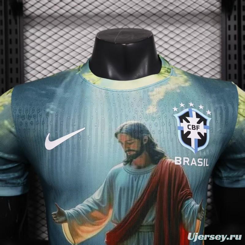 Player Version 2025 Brazil Light Blue with Jesus Christ Religious Artwork Jersey