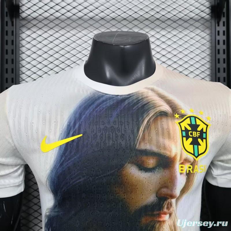Player Version 2025 Brazil White with Jesus Praying Portrait Jersey