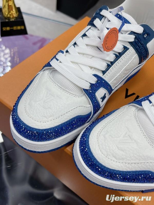 2025 Unisex Louis Vuitton Blue White Leather Plimsolls Handcrafted Beaded AS00400