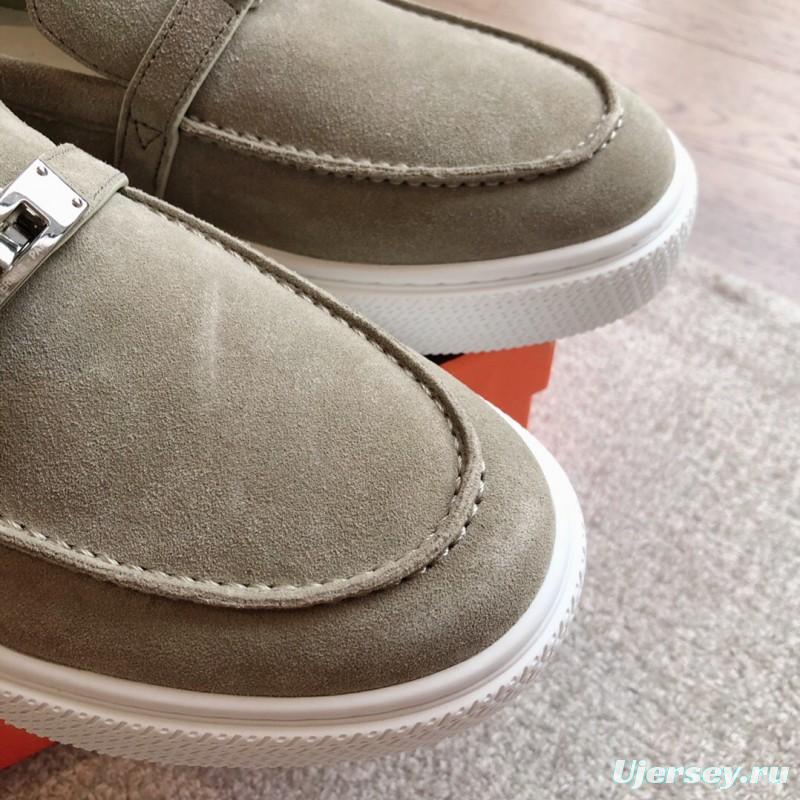 2025 Unisex Hermès Khaki Suede Leather Loafers AS00380