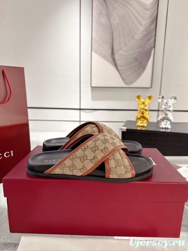 2025 Unisex Gucci Beige Brown Canvas Leather Slippers Double G Embossed AS00240