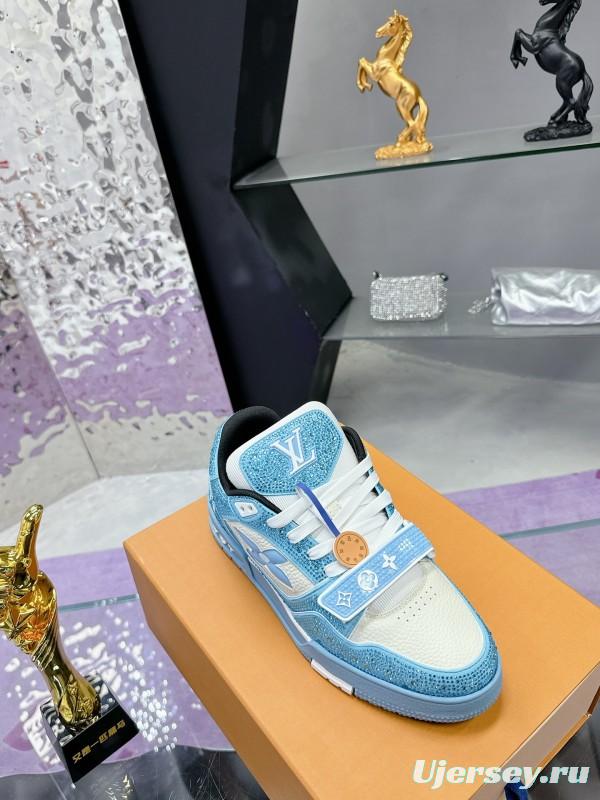 2025 Unisex Louis Vuitton Blue White Leather Denim Plimsolls Beaded LV Trainer AS00400