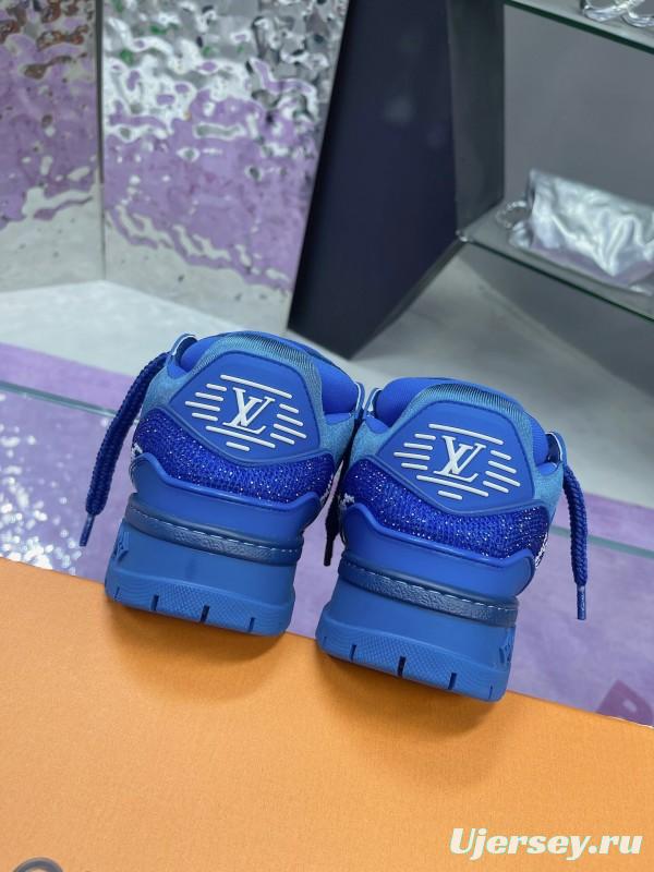 2025 Women Louis Vuitton Blue Crystal Trainer Original Custom Bing Bing Luxury Crystal Rhinestone High Temperature Hot Pressing TPU Sole AS00420