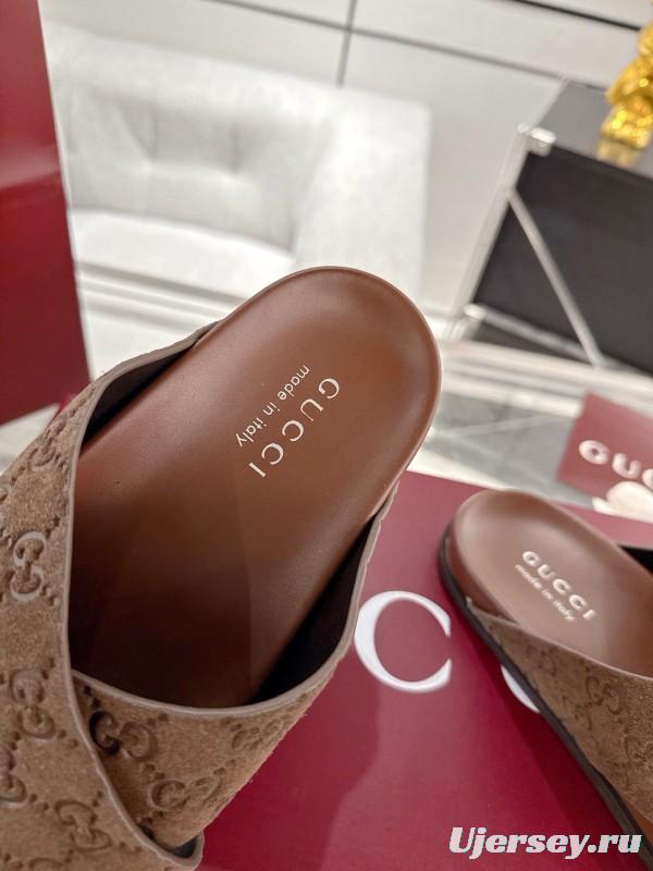 2025 Women Gucci Brown Suede Slippers GG Embossed AS00240
