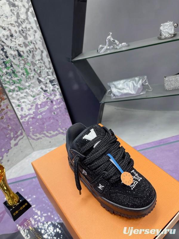 2025 Women Louis Vuitton Black Crystal Trainer Leather Plimsolls Bing Bing AS00420