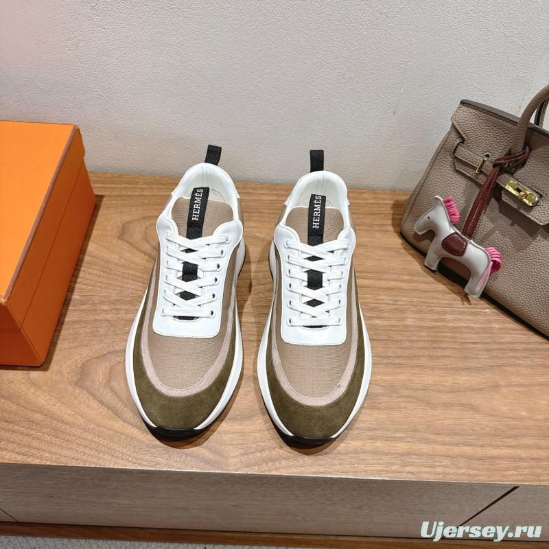 2025 Unisex HERMES White Beige Khaki Fabric Leather Sneakers AS00400