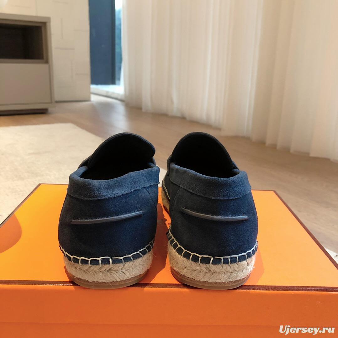 2025 Unisex Hermès Navy Blue Suede Calfskin Loafers AS00380