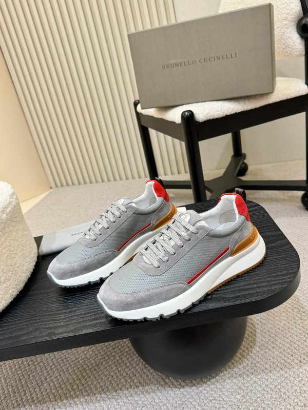 2025 Men Brunello Cucinelli Grey White Brown Suede Mesh Sneakers AS00320