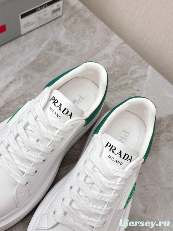 2025 Unisex Prada White Green Calf Leather Sneakers KFY00290