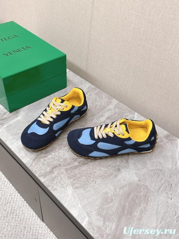 2025 Unisex Bottega Veneta Blue Yellow Nylon Suede Sneakers KFY00290