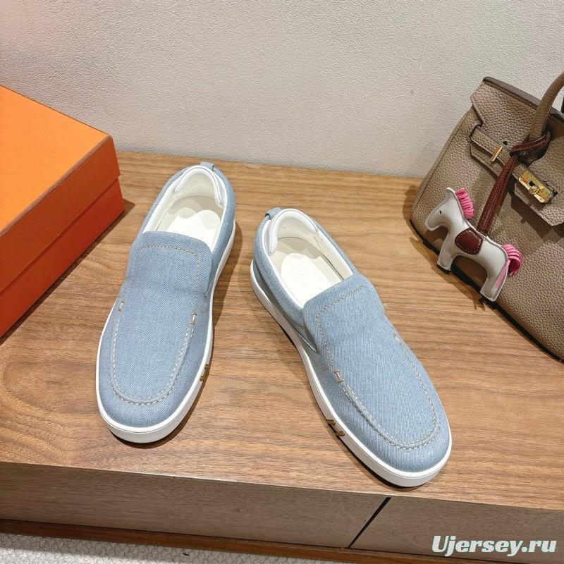 2025 Unisex Hermès Light Blue Canvas Leather Loafers AS00380
