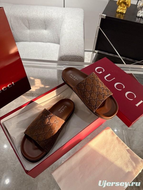 2025 Unisex Gucci Brown Leather Slippers Top Version AS00240