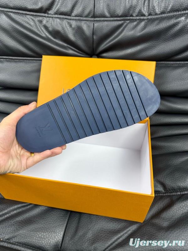 2025 Men Louis Vuitton Blue Leather Slippers AS00170