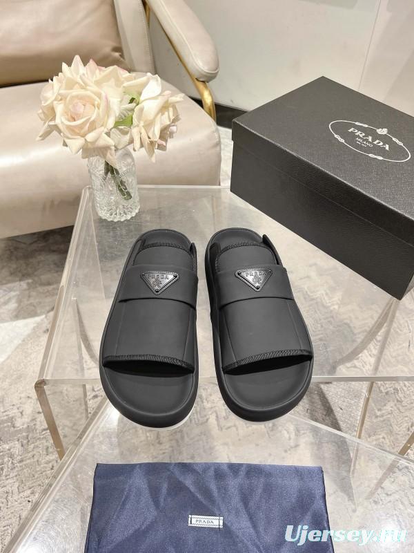 2025 Men Prada Black Leather Slippers KFY00220