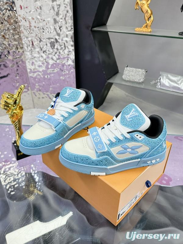 2025 Unisex Louis Vuitton Blue White Leather Denim Plimsolls Beaded LV Trainer AS00400