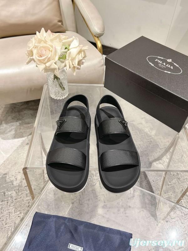 2025 Men Prada Black Leather Sandals KFY00220