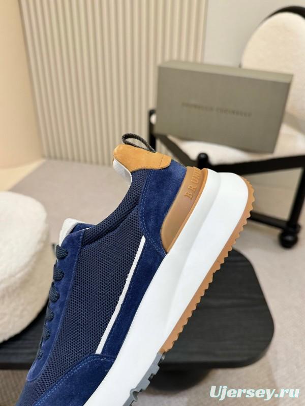 2025 Men Brunello Cucinelli Navy White Brown Calfskin Leather Sneakers AS00320