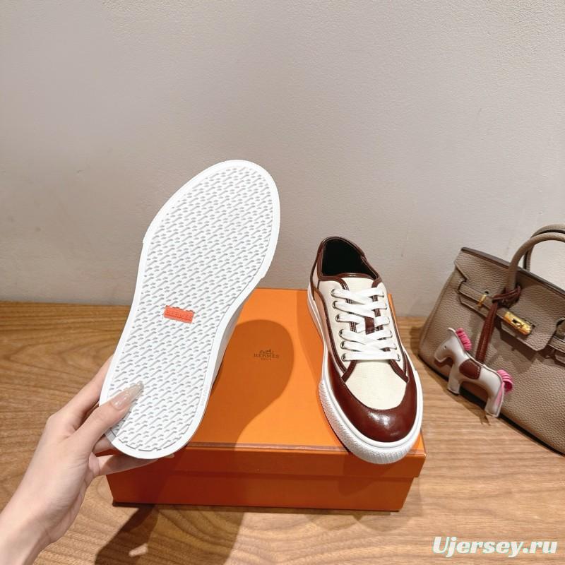 2025 Unisex Hermes Brown White Fabric Leather Sneakers AS00380