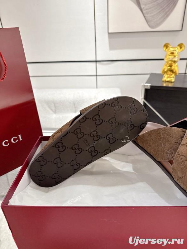 2025 Women Gucci Brown Suede Slippers GG Embossed AS00240