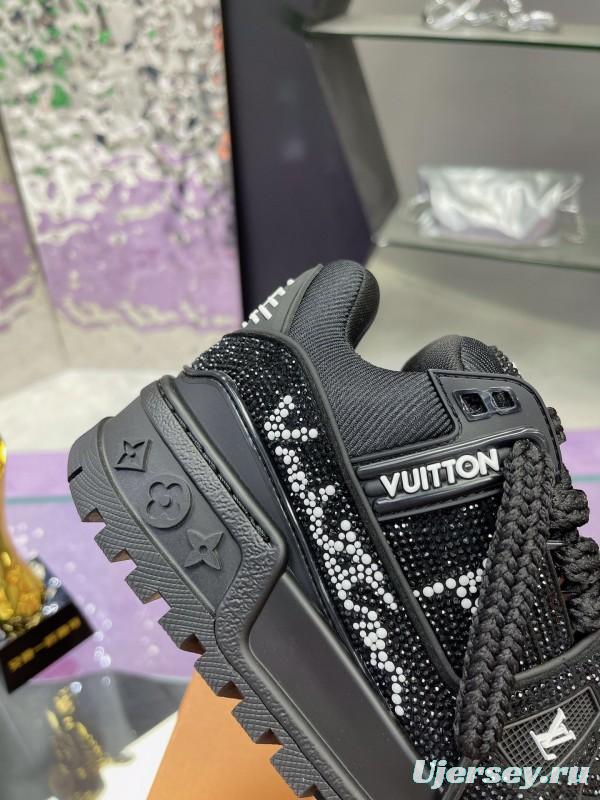 2025 Women Louis Vuitton Black Crystal Trainer Leather Plimsolls Bing Bing AS00420