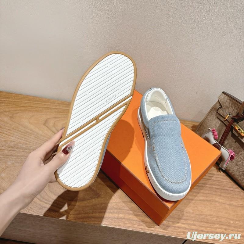 2025 Unisex Hermès Light Blue Canvas Leather Loafers AS00380
