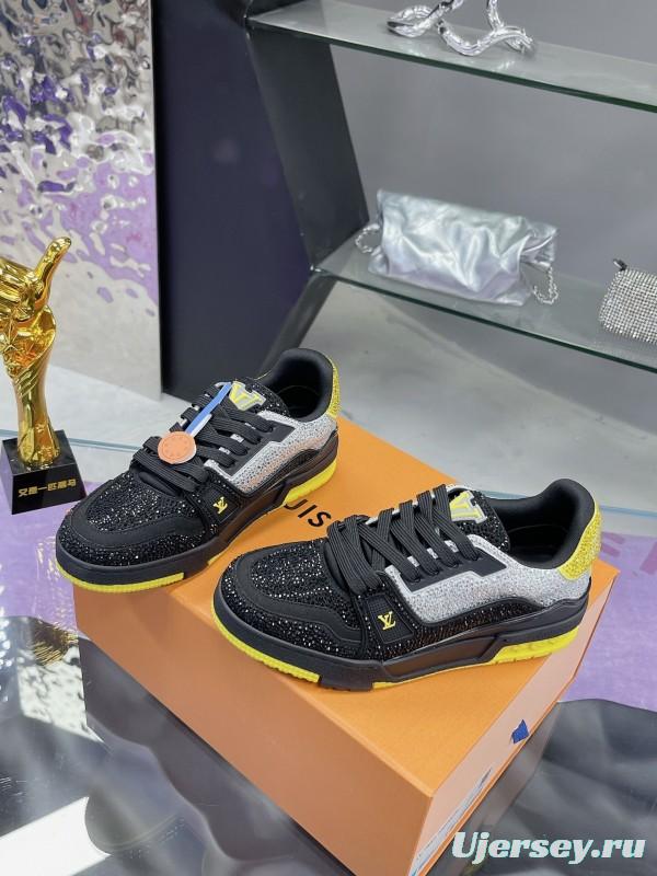 2025 Unisex Louis Vuitton Black Grey Yellow Leather Fabric Plimsolls Handcrafted Rhinestone AS00400