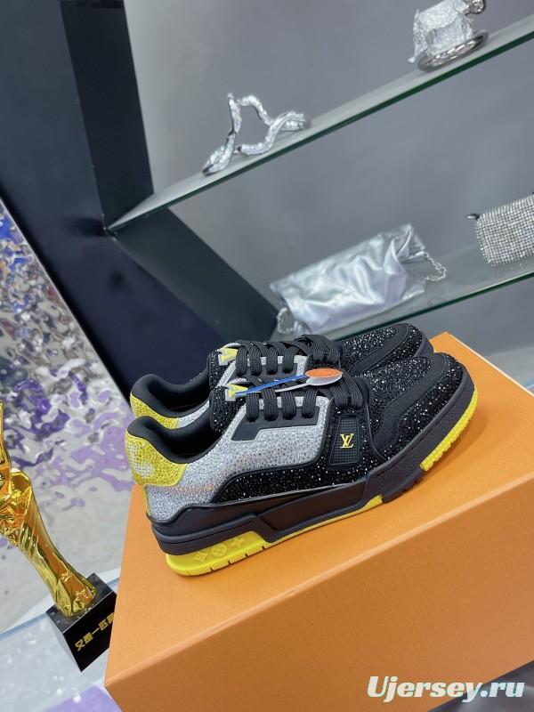 2025 Unisex Louis Vuitton Black Grey Yellow Leather Fabric Plimsolls Handcrafted Rhinestone AS00400
