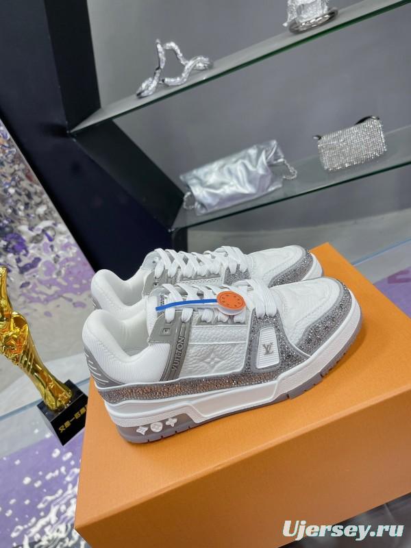 2025 Unisex Louis Vuitton White Silver Leather Fabric Plimsolls Handcrafted Crystals AS00400