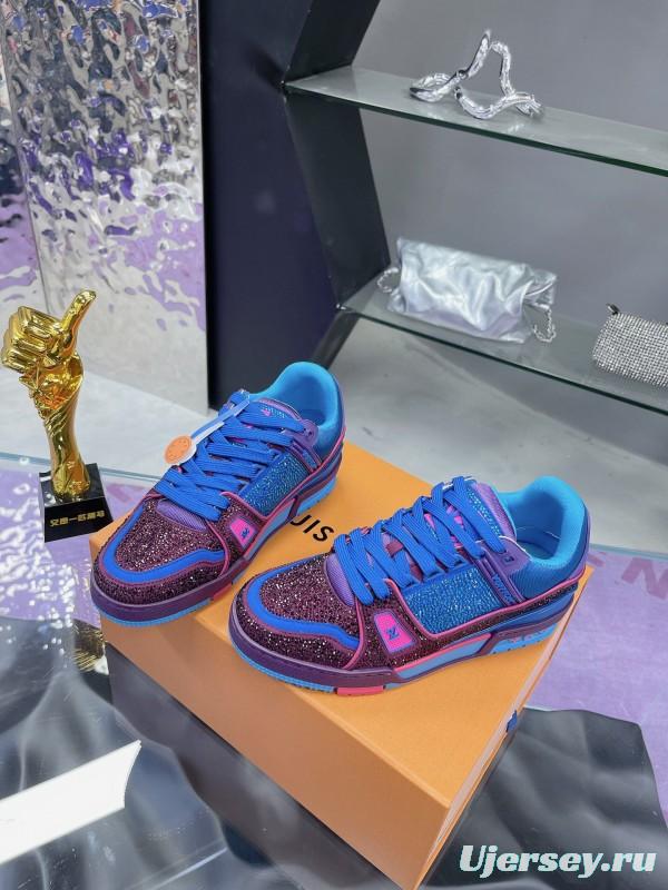 2025 Women Louis Vuitton Blue Purple Leather Fabric Plimsolls Handcrafted Rhinestones AS00400
