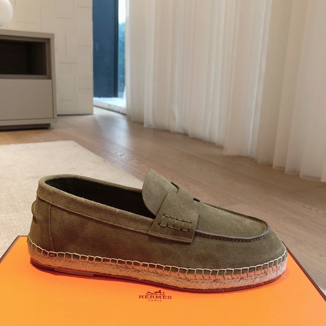 2025 Unisex Hermès Olive Suede Calfskin Loafers AS00380
