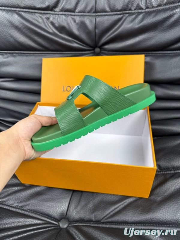 2025 Men Louis Vuitton Green Leather Slippers AS00170