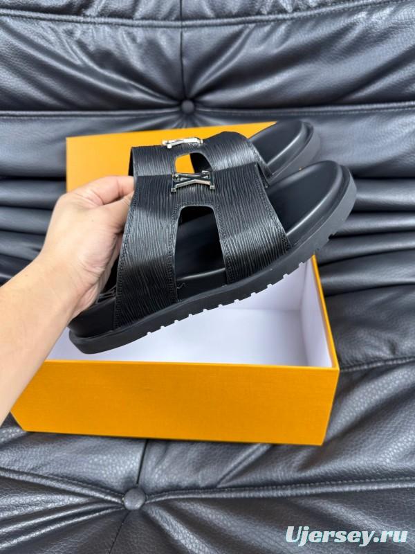 2025 Men Louis Vuitton Black Leather Slippers AS00170
