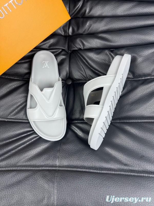 2025 Men Louis Vuitton White Leather Slippers AS00180