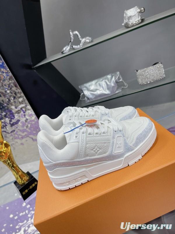 2025 Unisex Louis Vuitton White Leather Denim Trainers With Beads AS00400