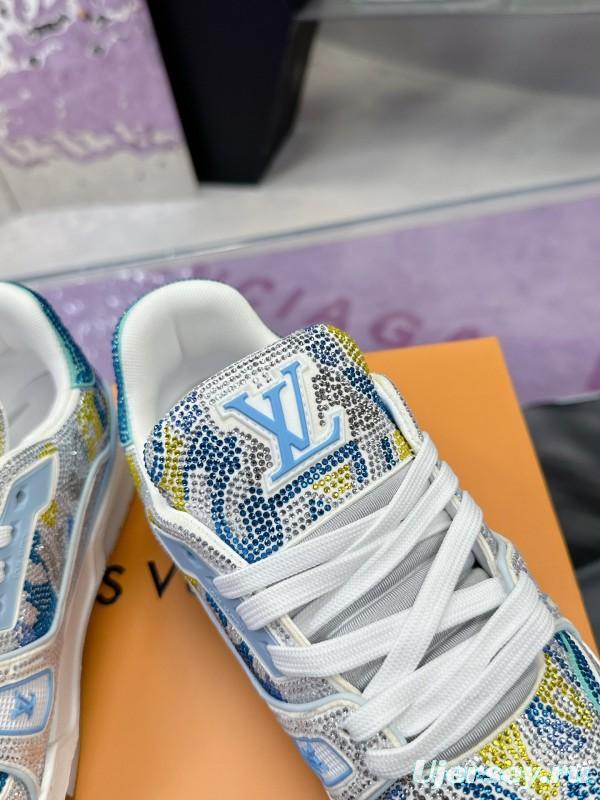 2025 Unisex Louis Vuitton Blue Yellow White Leather Denim Plimsolls Handcrafted Rhinestone AS00400