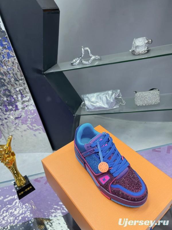 2025 Women Louis Vuitton Blue Purple Leather Fabric Plimsolls Handcrafted Rhinestones AS00400