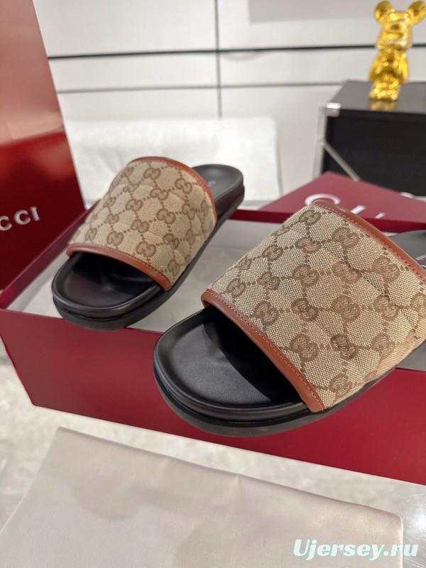 2025 Unisex Gucci Beige Brown Canvas Leather Slippers GG Embossed AS00240