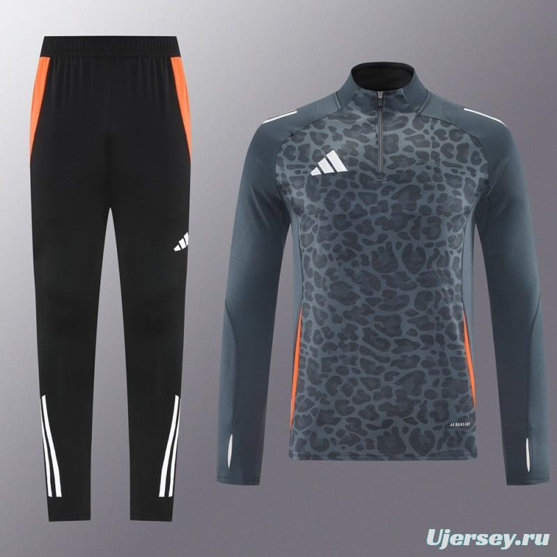 2025 Adidas Dark Grey & Black with Leopard Print Pattern and Orange Accents Half Zipper Jacket +Long Pants