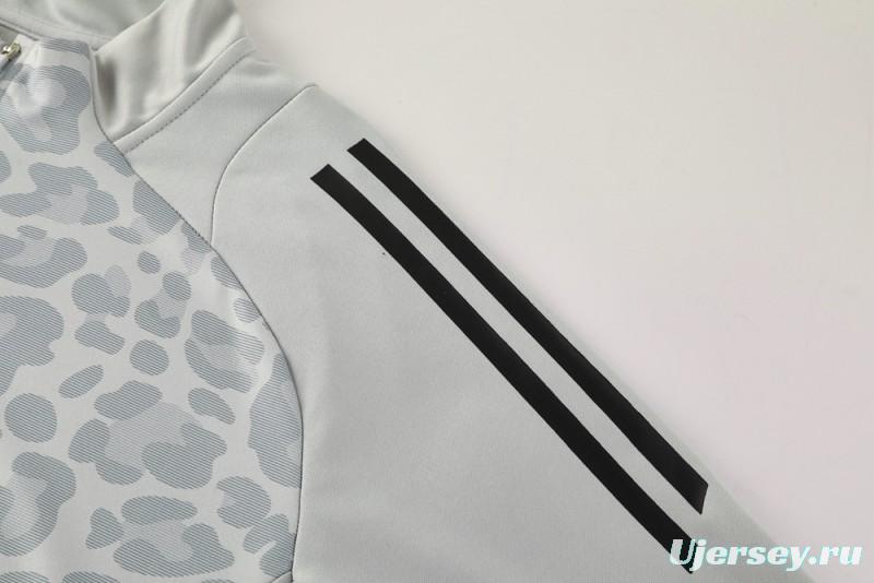 2025 Adidas Light Grey & Black with Leopard Print Pattern Half Zipper Jacket +Long Pants