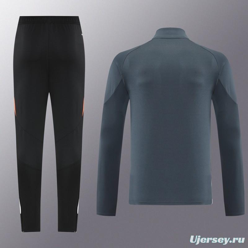 2025 Adidas Dark Grey & Black with Leopard Print Pattern and Orange Accents Half Zipper Jacket +Long Pants