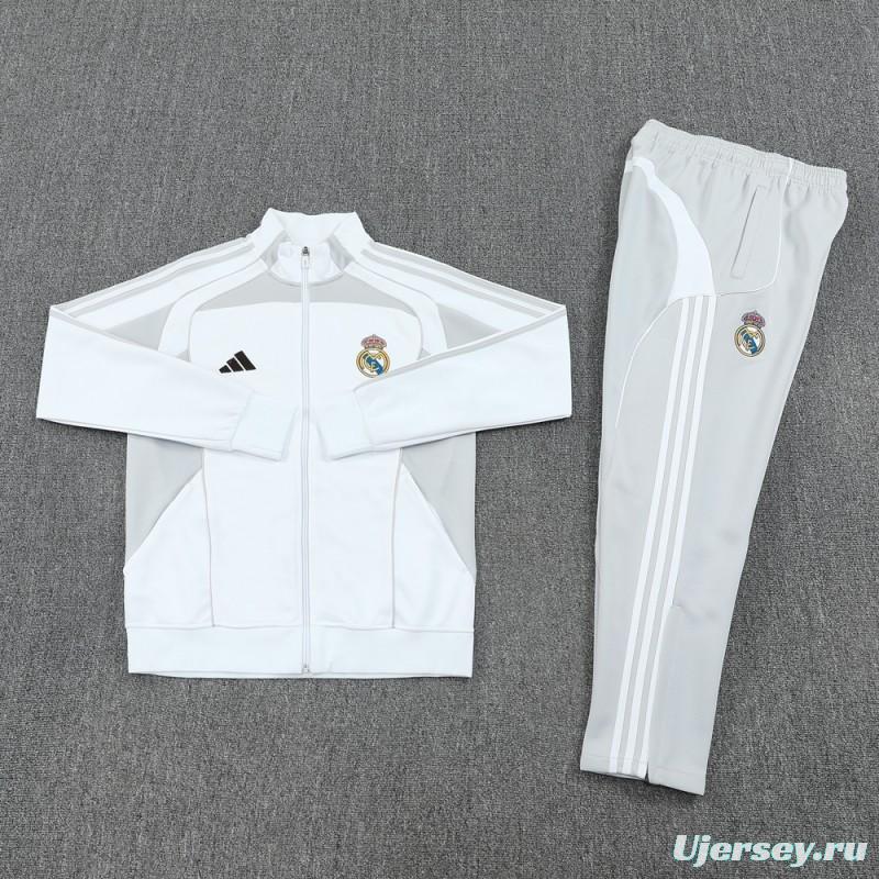 25/26 Real Madrid Grey/White Full Zipper Jacket + Long Pants