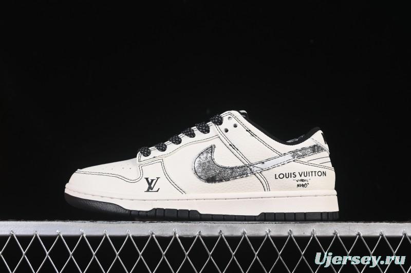 Nike SB Dunk Low LV Collaboration Beige Black Denim Swoosh Anniversary Custom Low-Top Skate Shoes - JP1628-027