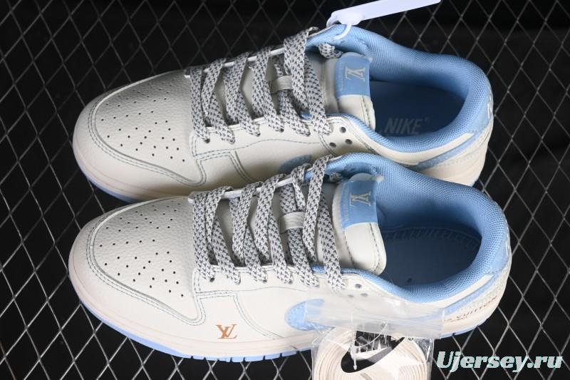 Nike SB Dunk Low LV Collaboration Off-White Ice Blue Gold Label Anniversary High-End Custom Low-Top Casual Skate Shoes - JP1628-005