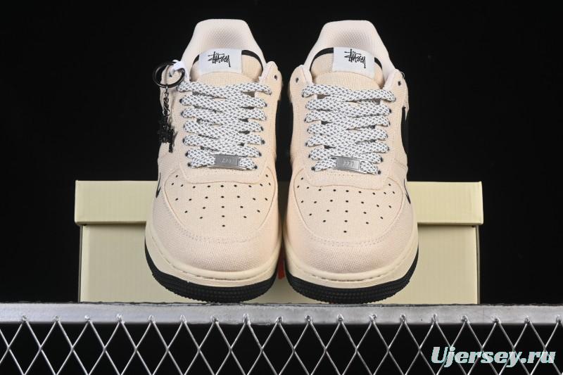 Nike Air Force 1 '07 Low Stussy Collaboration Beige Black Canvas Casual Sneakers - XX3168-155
