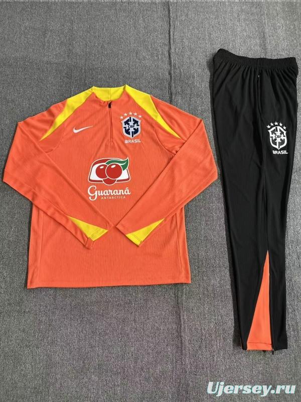 Player Version 25/26 Kids Brazil Orange Half Zipper Jacket+Long Pants