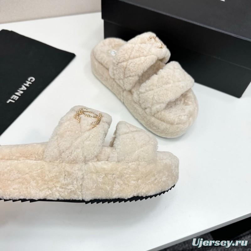 Chanel 2025 SS New Autumn Winter Lazy Sheep Genuine Wool Lazy Slippers Chanel Quilted Thick Sole Fur Slides - LY00300