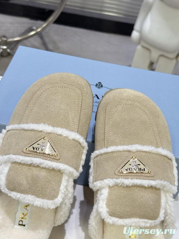 Prada Fall/Winter 2025 New Fur Mule Slippers with Triangle Buckle Bread Loaf Toe - KFY00270